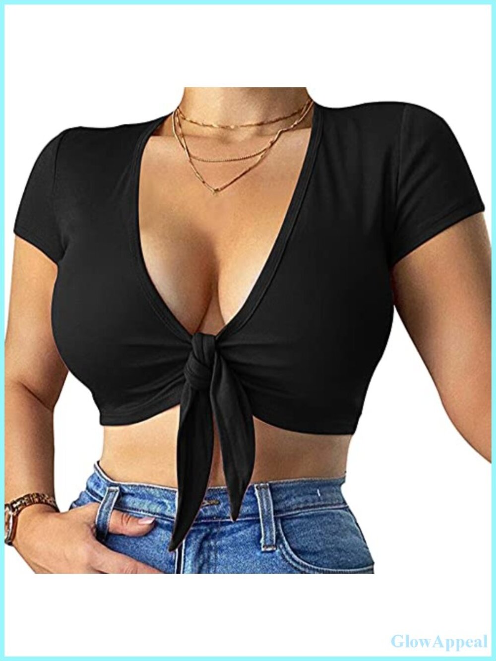 Deep V Neck Short Sleeve Cross Wrap Crop Top Slim Fit Polyester Spandex